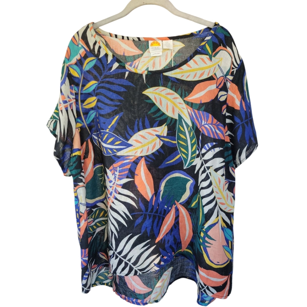 C&C California NWOT 2X Linen Boho Tropical‎ Leaf Print Breezy Short Sleeve Shirt
